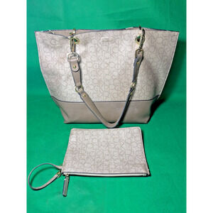 CALVIN KLEIN Tan Tote Bag w/ Pouch Beige/Silver (minor flaws, see pics)